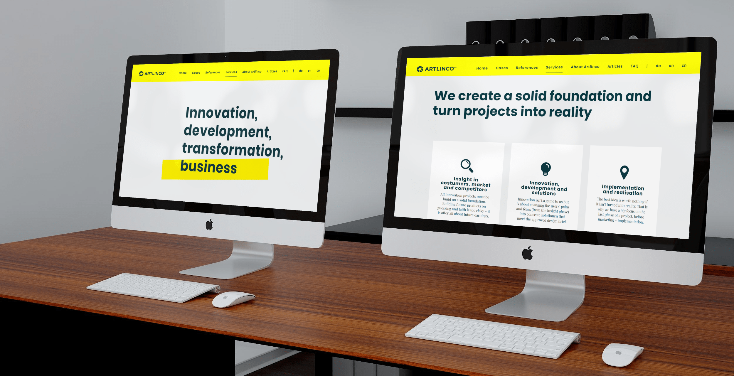 2 monitors displaying artlinco website with text: "Innovation, Development, Transformation, business" , "we create a solid foundation and turn projects into reality"