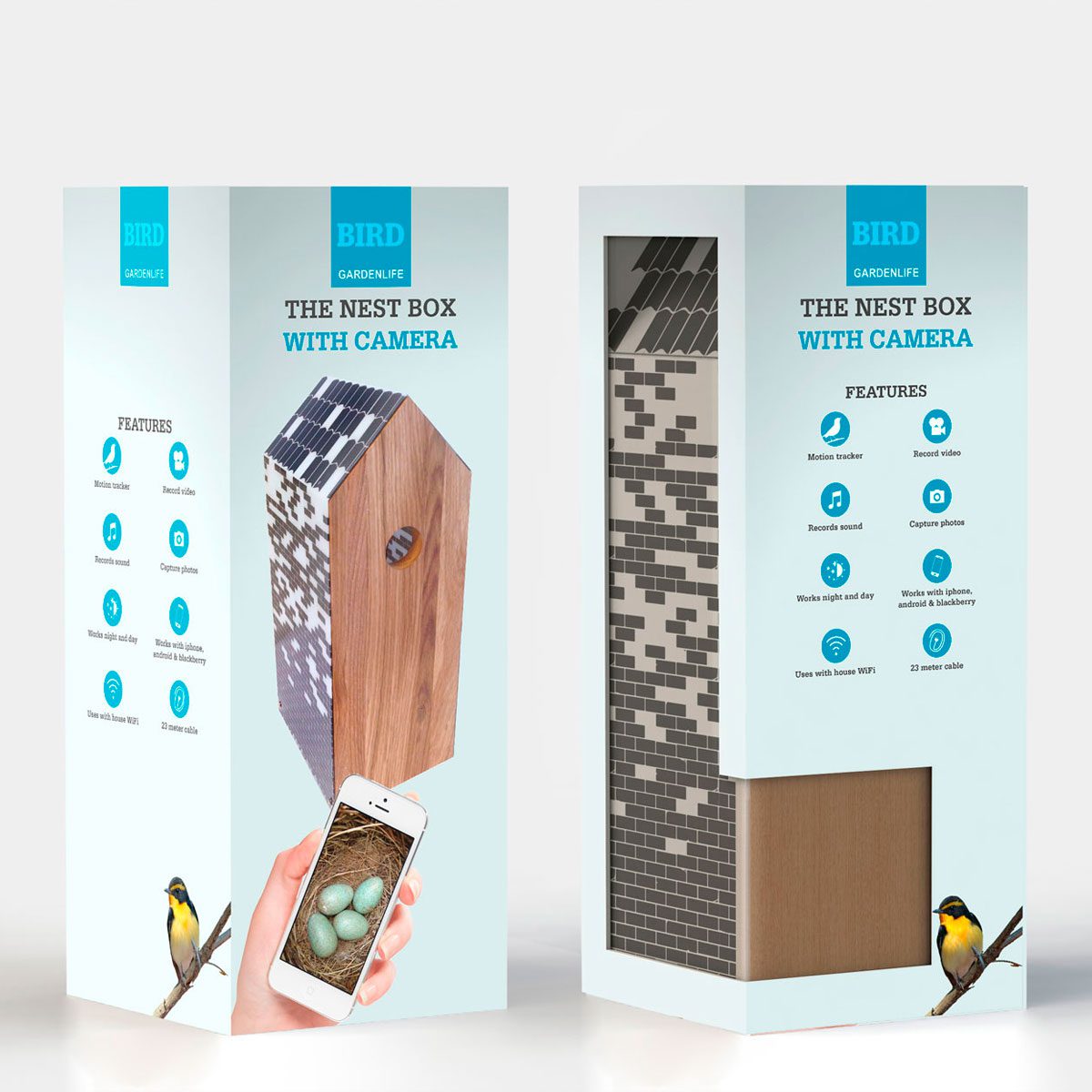 Nest Box package with features: motion tracker, records sound and video, capture photos, works with android and iphone, wi fi